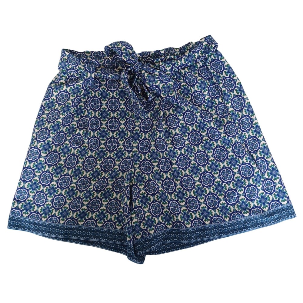 Max Studio Womens Blue Medallion Tile Print High Rise Tie Waist Shorts Size‎ M